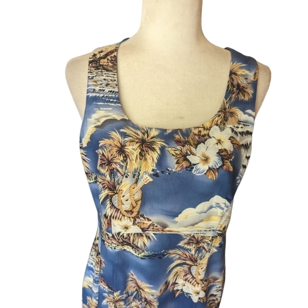 Hilo Hattie's Dress Hawaiian palm print sleeveless cotton blend Blue maxi Sz 12 - Picture 4 of 10
